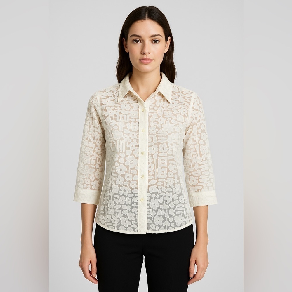 Vintage 90s Koret Petite Ivory Sheer Mesh Button Up Blouse Coastal Preppy SP
